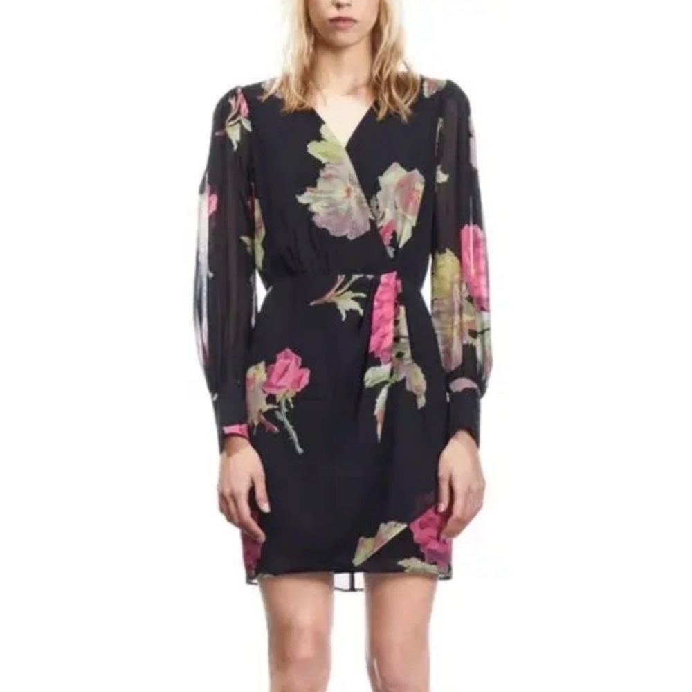 THE KOOPLES - Black Floral Wrap Dress with Pink Rose Print